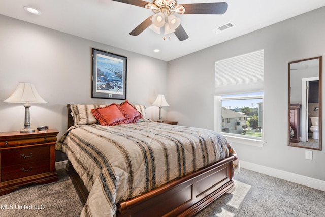 carpeted bedroom featuring ceiling fan, recessed lighting, visible vents, and baseboards