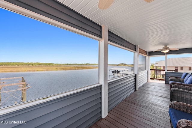 wooden terrace featuring ceiling fan and a water view