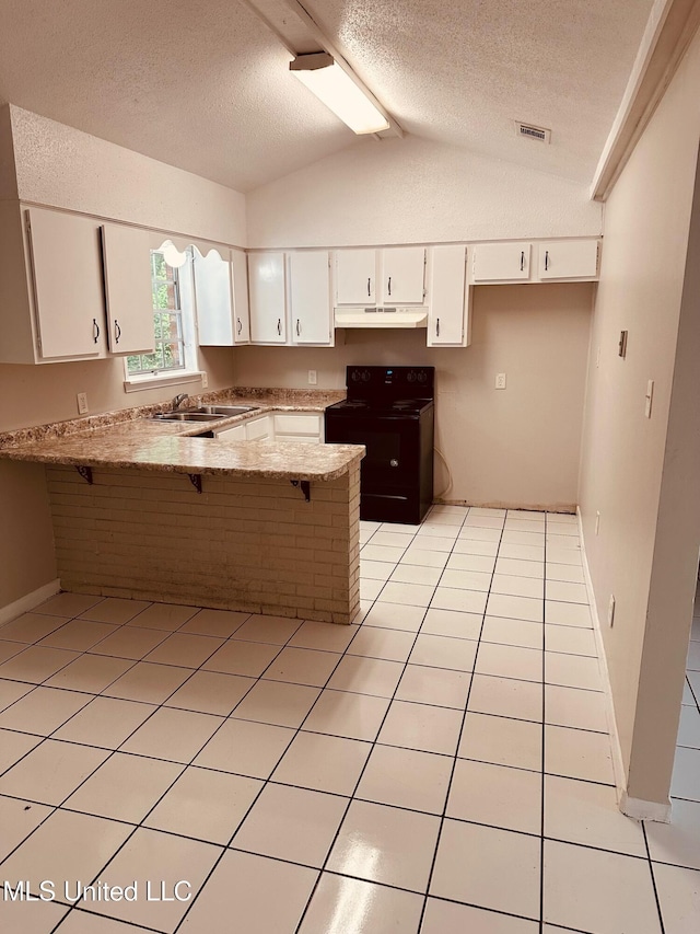 143 James Dr, Gulfport, MS 39503 - kitchen with electric range, a peninsula, under cabinet range hood, a textured ceiling, and lofted ceiling