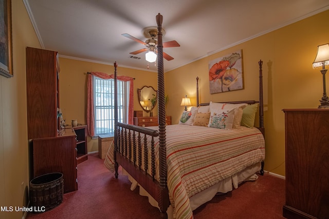 carpeted bedroom featuring ornamental molding, baseboards, ceiling fan, and visible vents