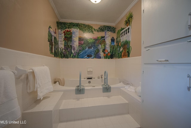 bathroom with ornamental molding and a garden tub