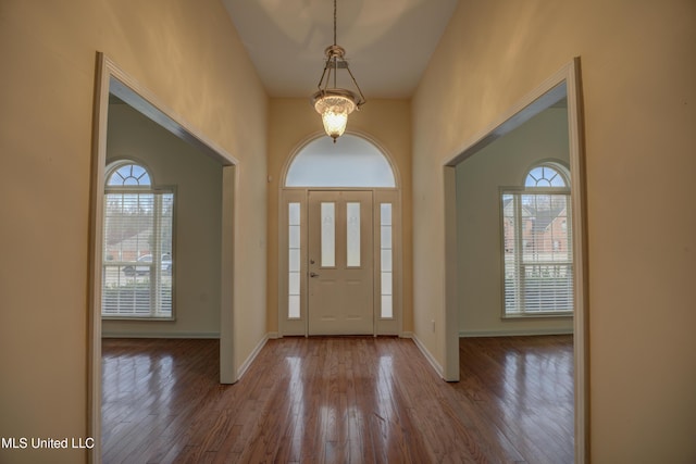 entryway with a wealth of natural light, wood-type flooring, and baseboards