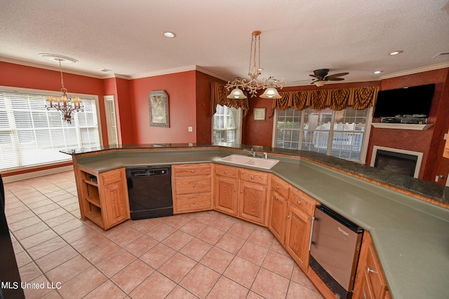 kitchen featuring sink, light tile patterned floors, dishwasher, and ceiling fan with notable chandelier