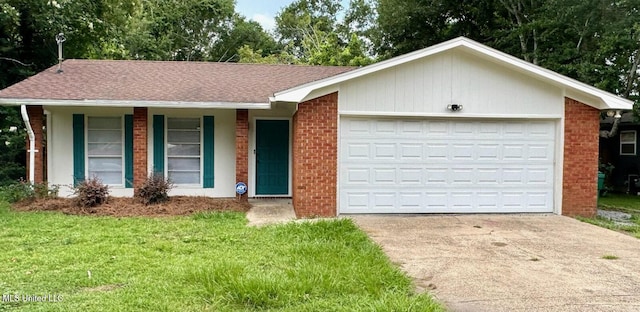 ranch-style home with a garage and a front yard