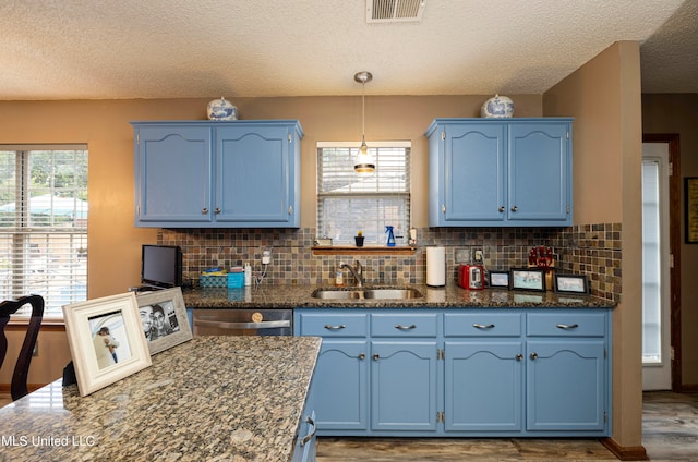 kitchen featuring dark wood-type flooring, backsplash, sink, stainless steel dishwasher, and blue cabinetry