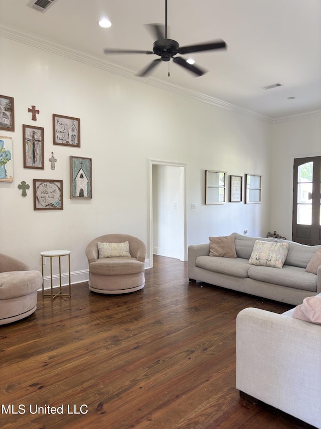 103 Sweetbriar Cir, Canton, MS 39046 - living area with ornamental molding, dark wood-style flooring, ceiling fan, and recessed lighting
