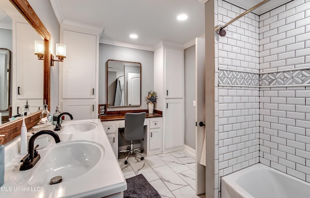 bathroom with tiled shower / bath combo, ornamental molding, and vanity