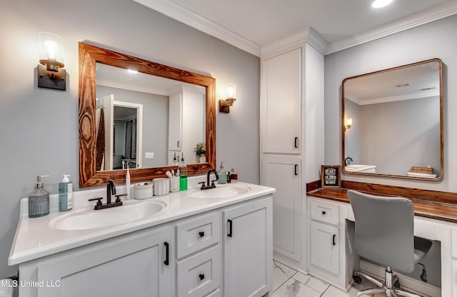 bathroom with vanity and crown molding