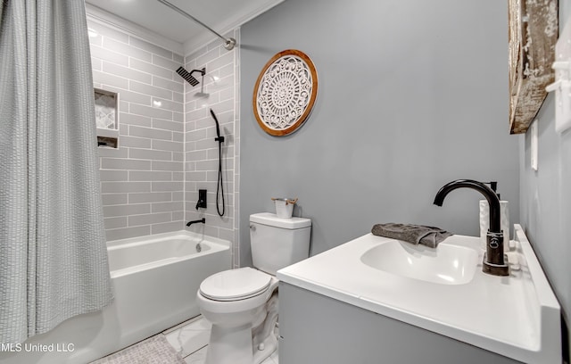 full bathroom featuring vanity, shower / tub combo with curtain, and toilet