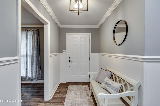 entryway featuring dark wood-type flooring and crown molding