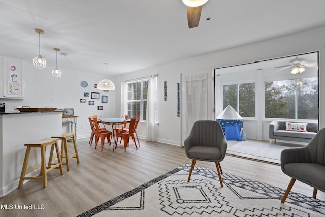 living room featuring light hardwood / wood-style flooring and ceiling fan