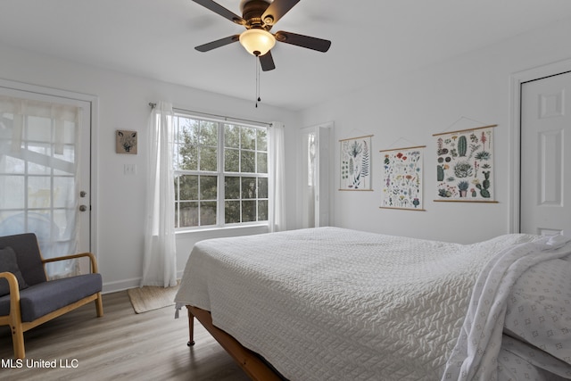 bedroom with hardwood / wood-style flooring and ceiling fan