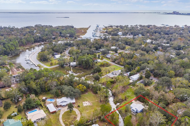 drone / aerial view featuring a water view