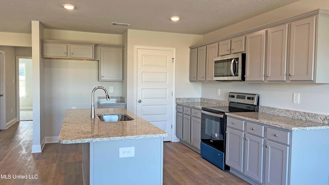 kitchen with a center island with sink, appliances with stainless steel finishes, sink, hardwood / wood-style flooring, and light stone countertops