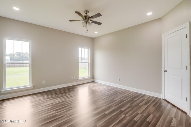 113 Magnolia Farms Dr, Lucedale, MS 39452 - empty room featuring dark wood finished floors, baseboards, ceiling fan, and recessed lighting