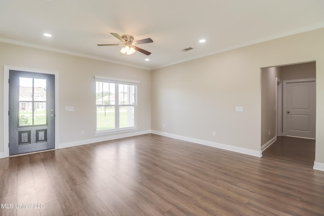 113 Magnolia Farms Dr, Lucedale, MS 39452 - empty room featuring a ceiling fan, dark wood-style floors, baseboards, ornamental molding, and recessed lighting