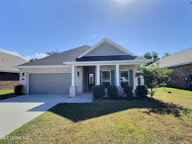 craftsman-style home featuring covered porch, brick siding, concrete driveway, and a garage