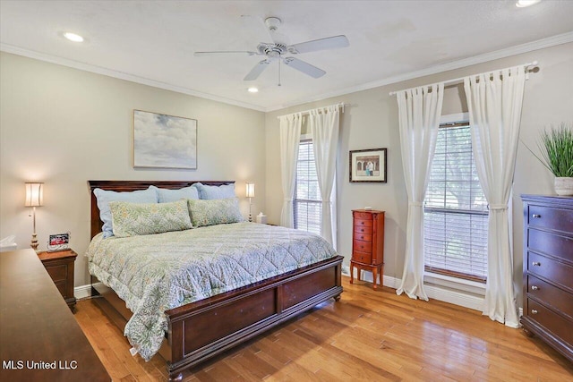 501 Brighton Cir, Brandon, MS 39047 - bedroom featuring light wood-style flooring, baseboards, recessed lighting, ornamental molding, and a ceiling fan