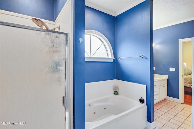 501 Brighton Cir, Brandon, MS 39047 - full bath with a shower stall, a tub with jets, tile patterned floors, vanity, and crown molding
