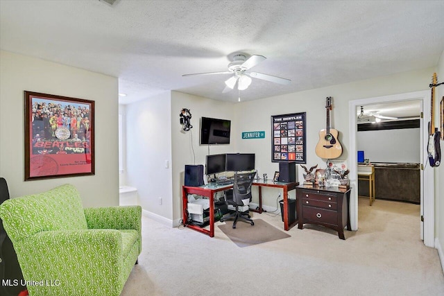 501 Brighton Cir, Brandon, MS 39047 - office with carpet, a ceiling fan, baseboards, and a textured ceiling