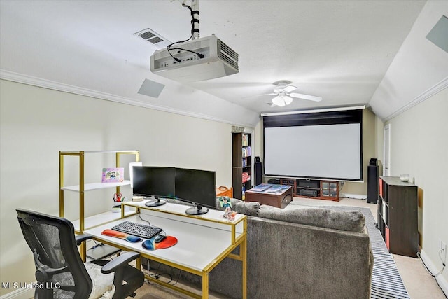 501 Brighton Cir, Brandon, MS 39047 - cinema featuring lofted ceiling, ceiling fan, carpet, and crown molding