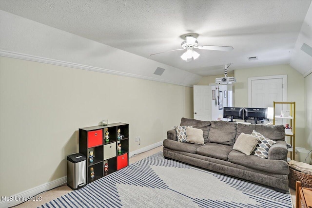 501 Brighton Cir, Brandon, MS 39047 - carpeted living area with lofted ceiling, baseboards, and a ceiling fan