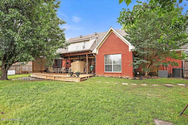 501 Brighton Cir, Brandon, MS 39047 - back of house with a wooden deck, brick siding, a shingled roof, and central air condition unit