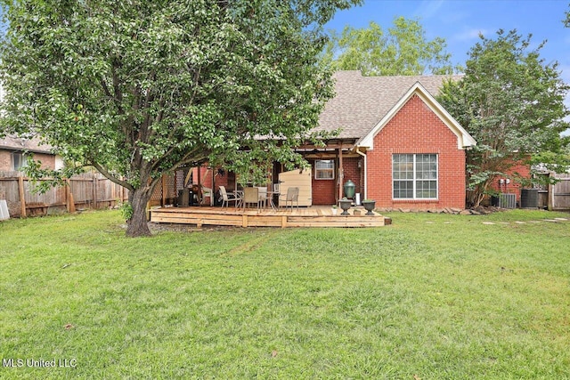 501 Brighton Cir, Brandon, MS 39047 - rear view of property featuring brick siding, a deck, a shingled roof, and central air condition unit