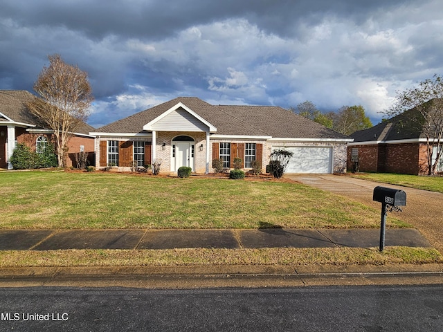 ranch-style home with a garage and a front yard