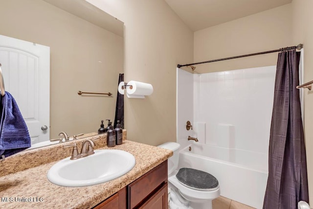 bathroom featuring vanity, shower / tub combo, tile patterned flooring, and toilet