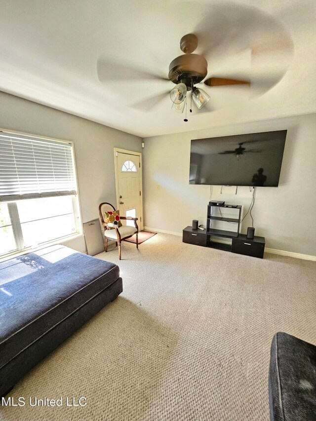 bedroom featuring multiple windows, carpet floors, and ceiling fan