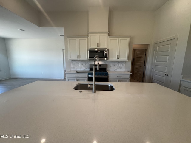kitchen featuring light countertops, appliances with stainless steel finishes, white cabinetry, wood finished floors, and decorative backsplash