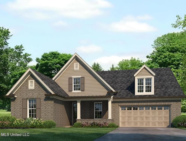 view of front of property featuring an attached garage, roof with shingles, concrete driveway, and brick siding