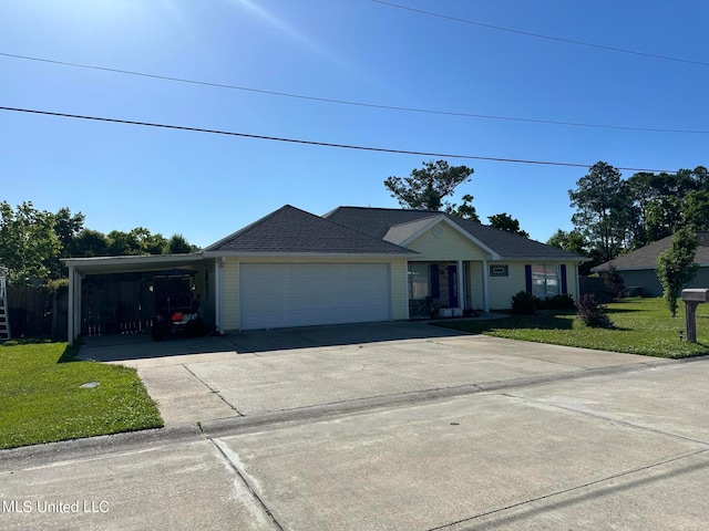 single story home featuring a front lawn and a garage