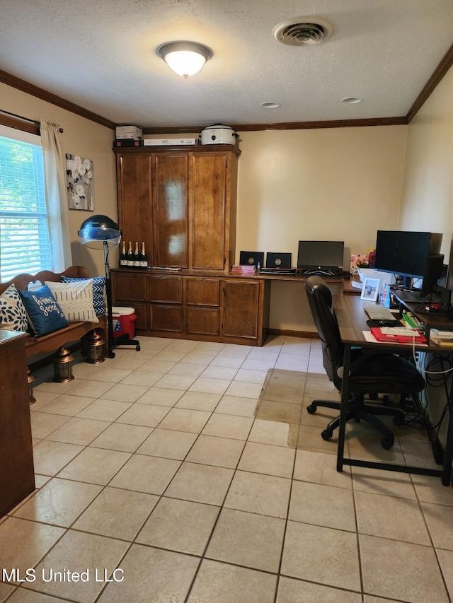 1365 Bruister Rd, Tutwiler, MS 38963 - office featuring crown molding, a textured ceiling, and light tile patterned flooring