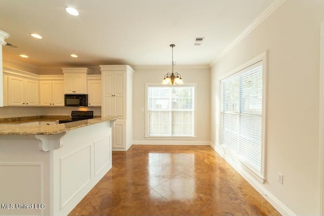 kitchen featuring black appliances, hanging light fixtures, light stone countertops, ornamental molding, and white cabinetry