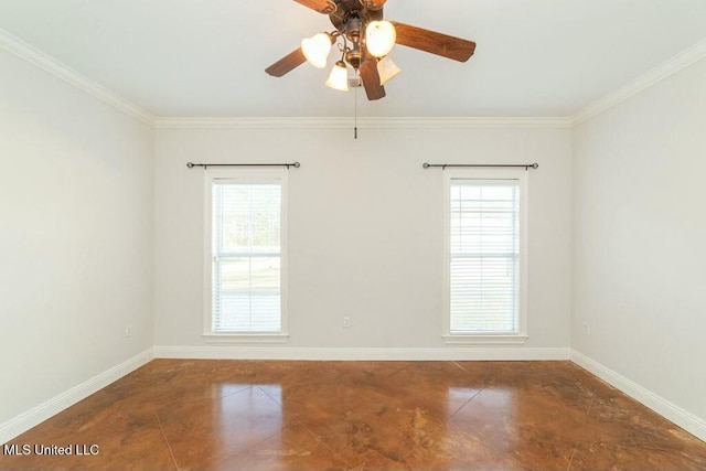 unfurnished room with ceiling fan and ornamental molding