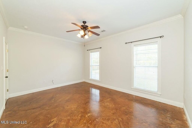 unfurnished room featuring ceiling fan, crown molding, and a healthy amount of sunlight