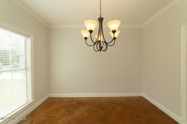 tiled spare room featuring an inviting chandelier and ornamental molding