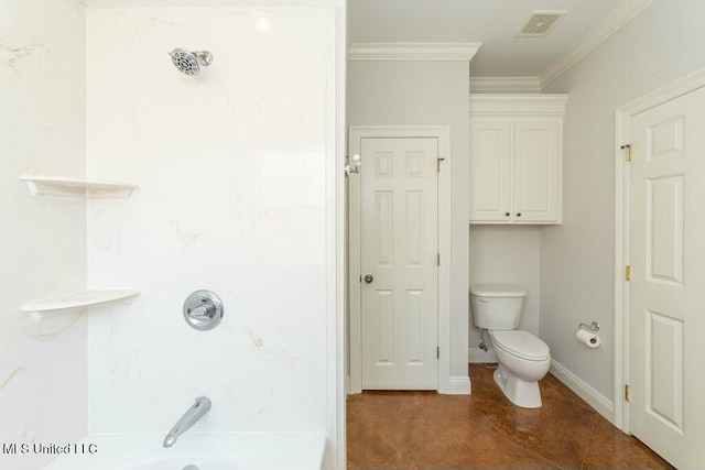 bathroom featuring ornamental molding, bathtub / shower combination, and toilet