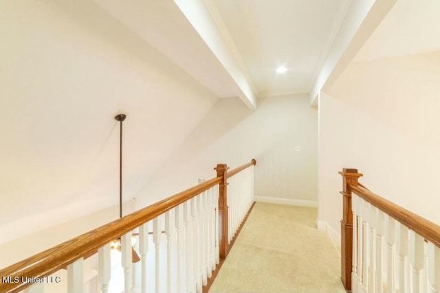 hallway featuring ornamental molding and light carpet