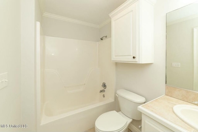 full bathroom with toilet, vanity, crown molding, and  shower combination