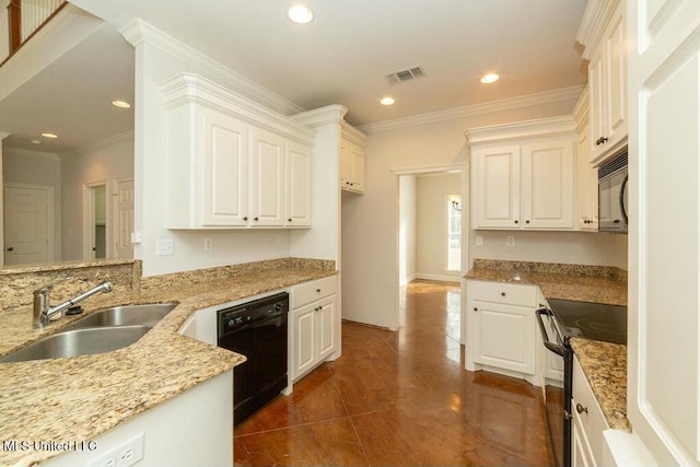 kitchen featuring sink, white cabinets, black appliances, and light stone countertops