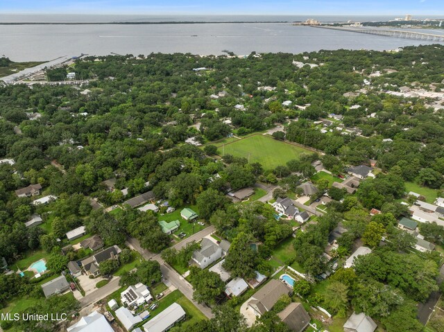 aerial view featuring a water view