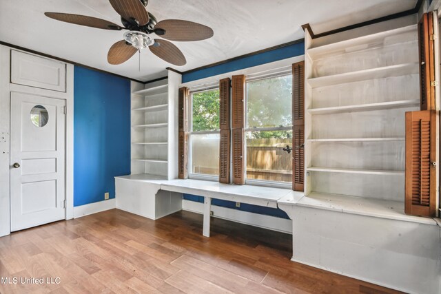 mudroom featuring light hardwood / wood-style floors and ceiling fan