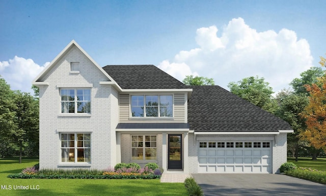 view of front of property with brick siding, a garage, driveway, and roof with shingles