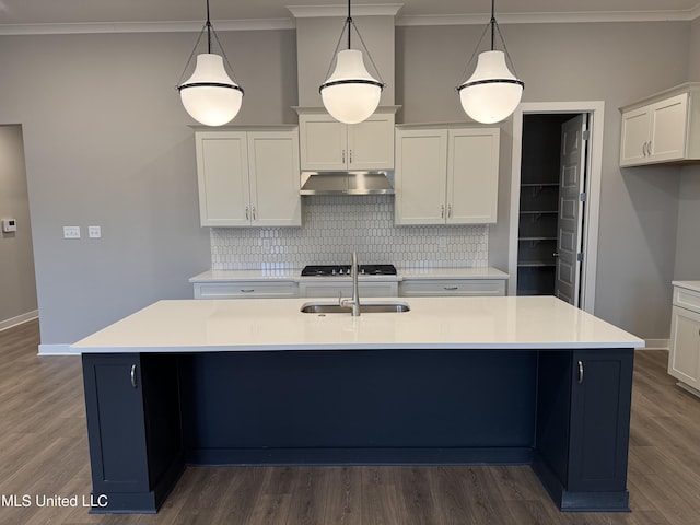 kitchen with tasteful backsplash, under cabinet range hood, a center island with sink, ornamental molding, and a sink