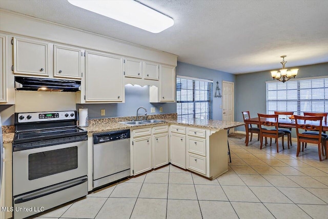 kitchen featuring sink, stainless steel appliances, white cabinets, and kitchen peninsula