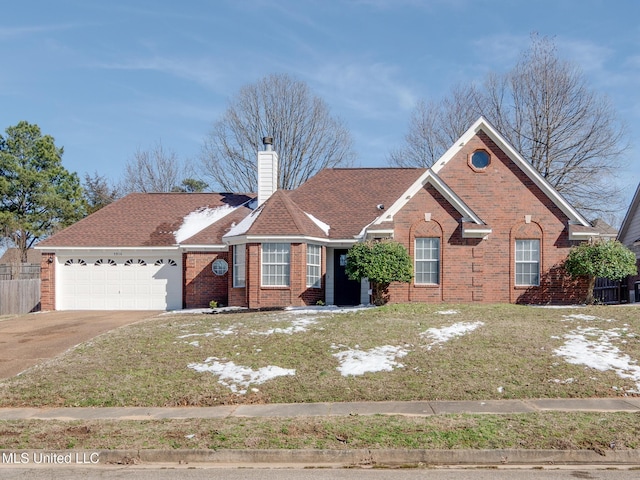 single story home with brick siding, a chimney, a front yard, a garage, and driveway