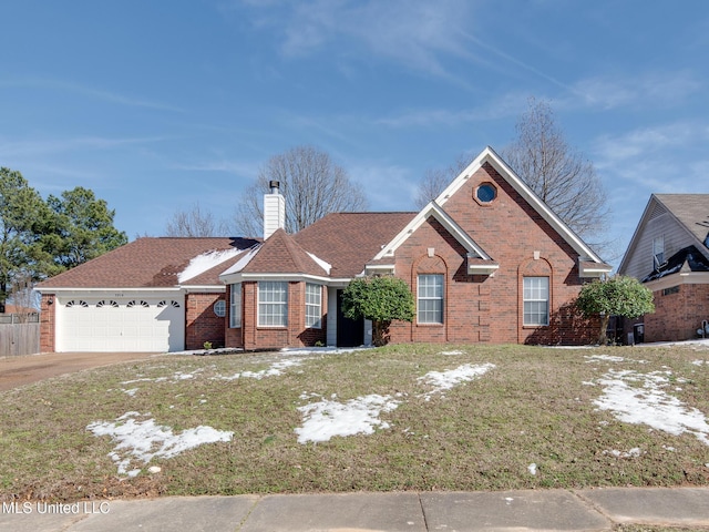 ranch-style house with brick siding, a chimney, concrete driveway, a garage, and a front lawn